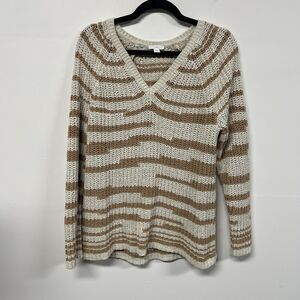 J Jill Womens Striped Sweater Size L Brown Ivory Pullover Cottagecore V Neck